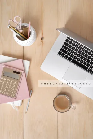 Calculator, Laptop & Coffee on Wood Floor, Styled Stock Image