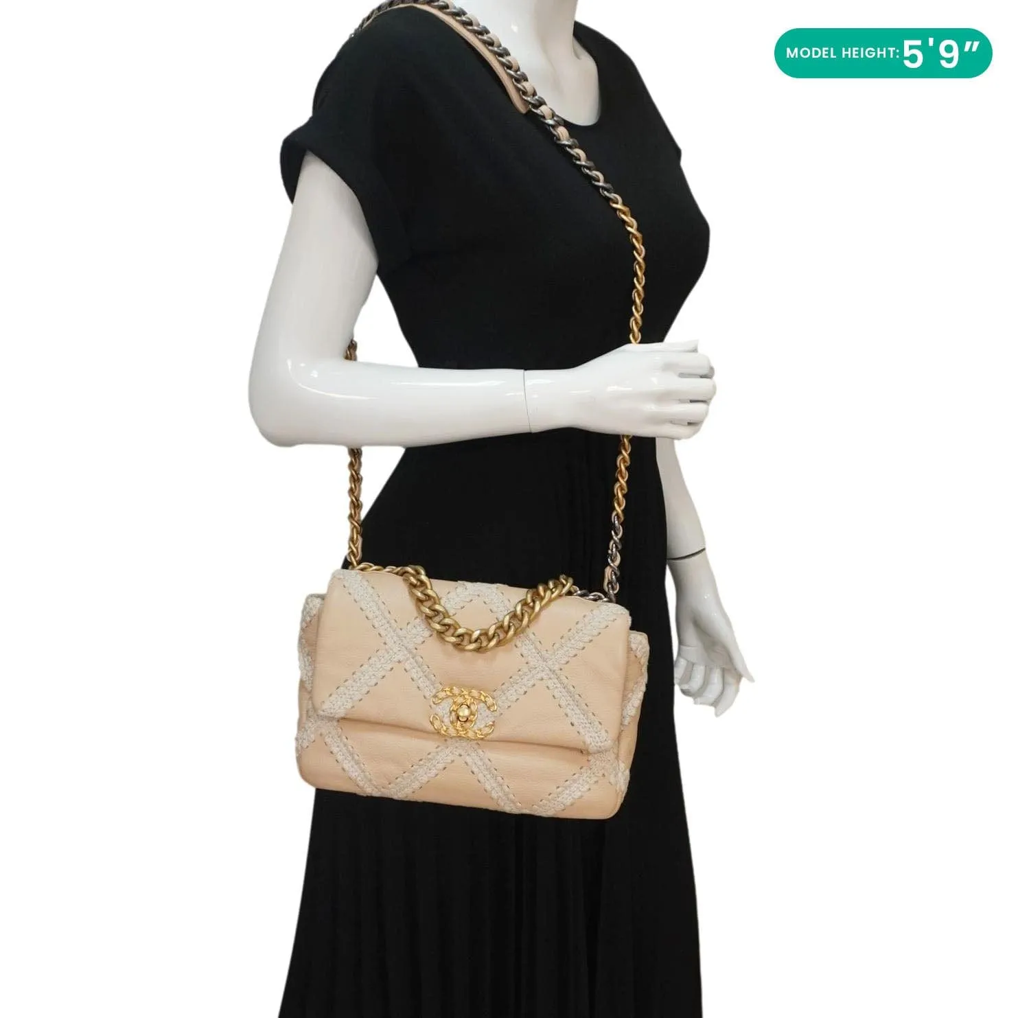 CHANEL 19 Flap Medium Calfskin Crochet Shoulder Bag Beige