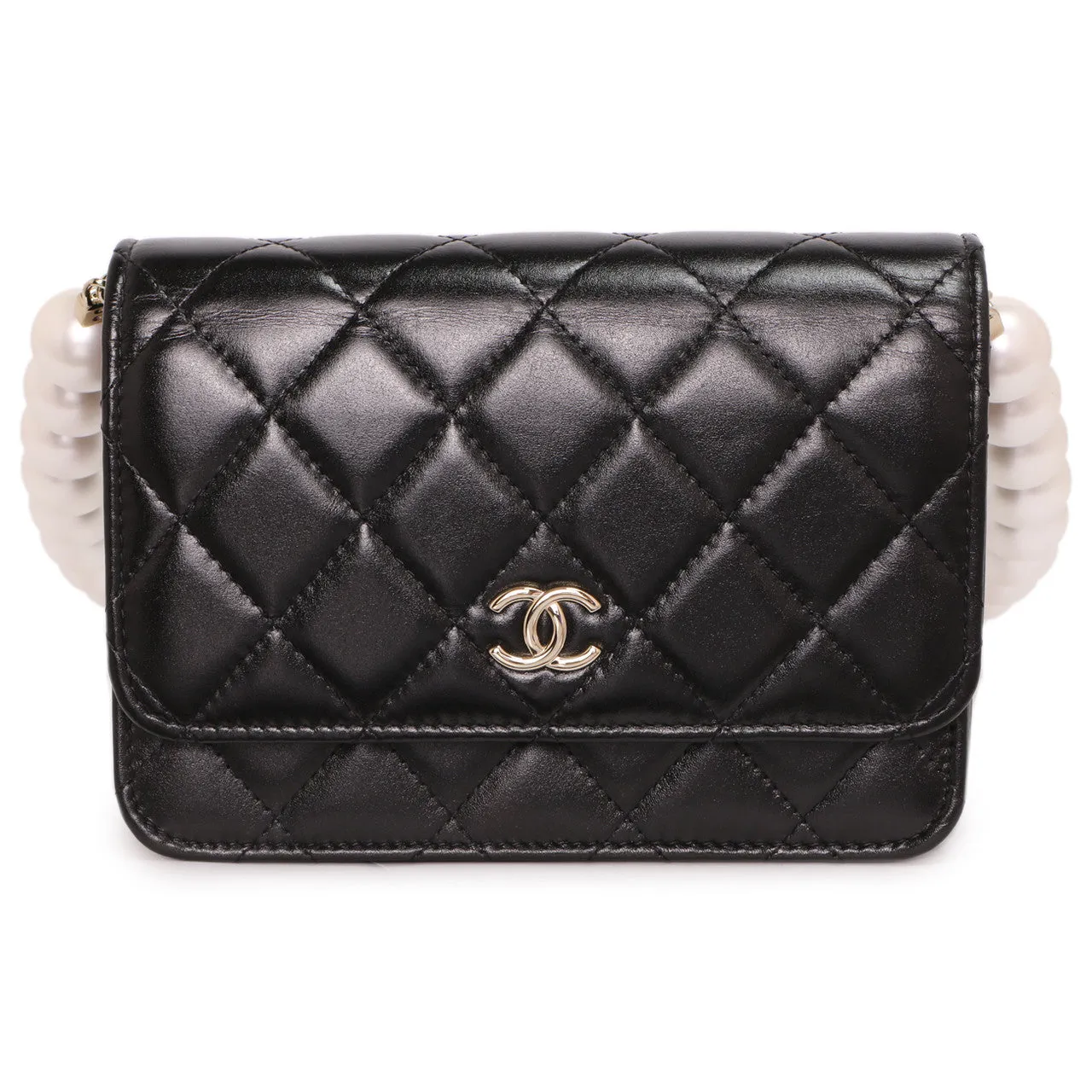 Chanel Black Quilted Calfskin Mini Maxi Pearls Wallet On Chain WOC