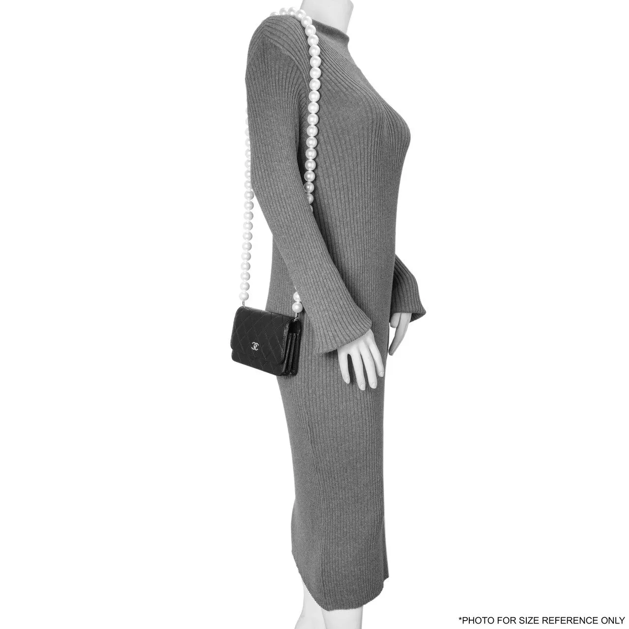 Chanel Black Quilted Calfskin Mini Maxi Pearls Wallet On Chain WOC