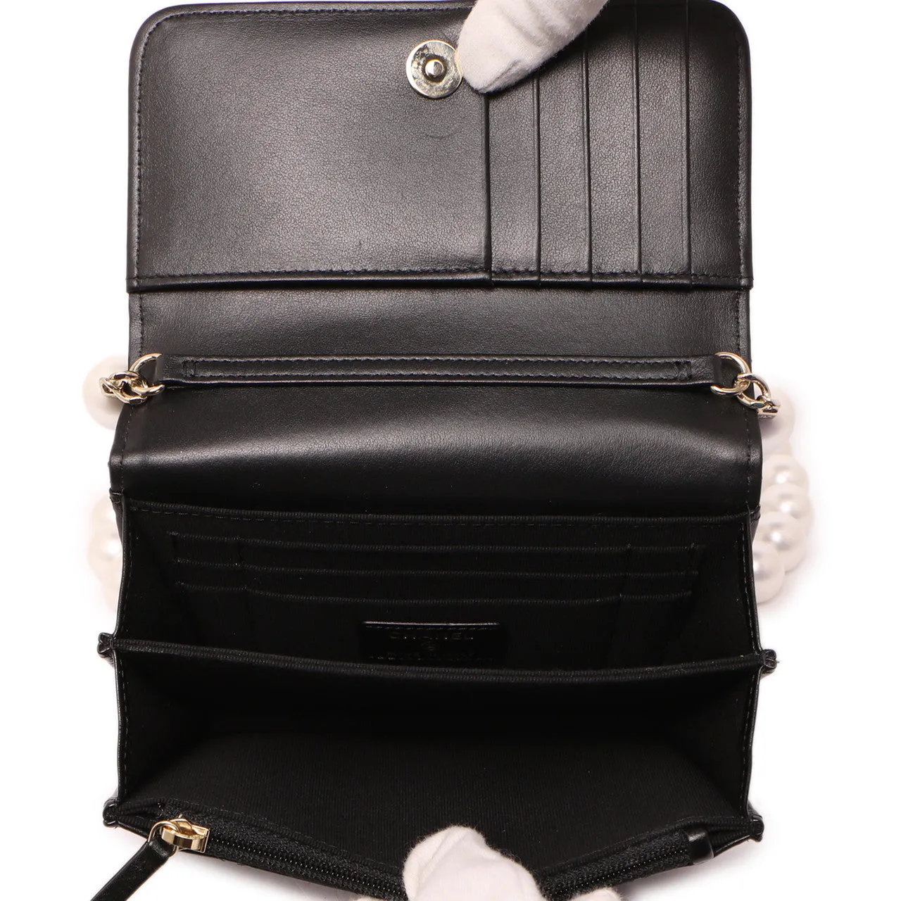 Chanel Black Quilted Calfskin Mini Maxi Pearls Wallet On Chain WOC