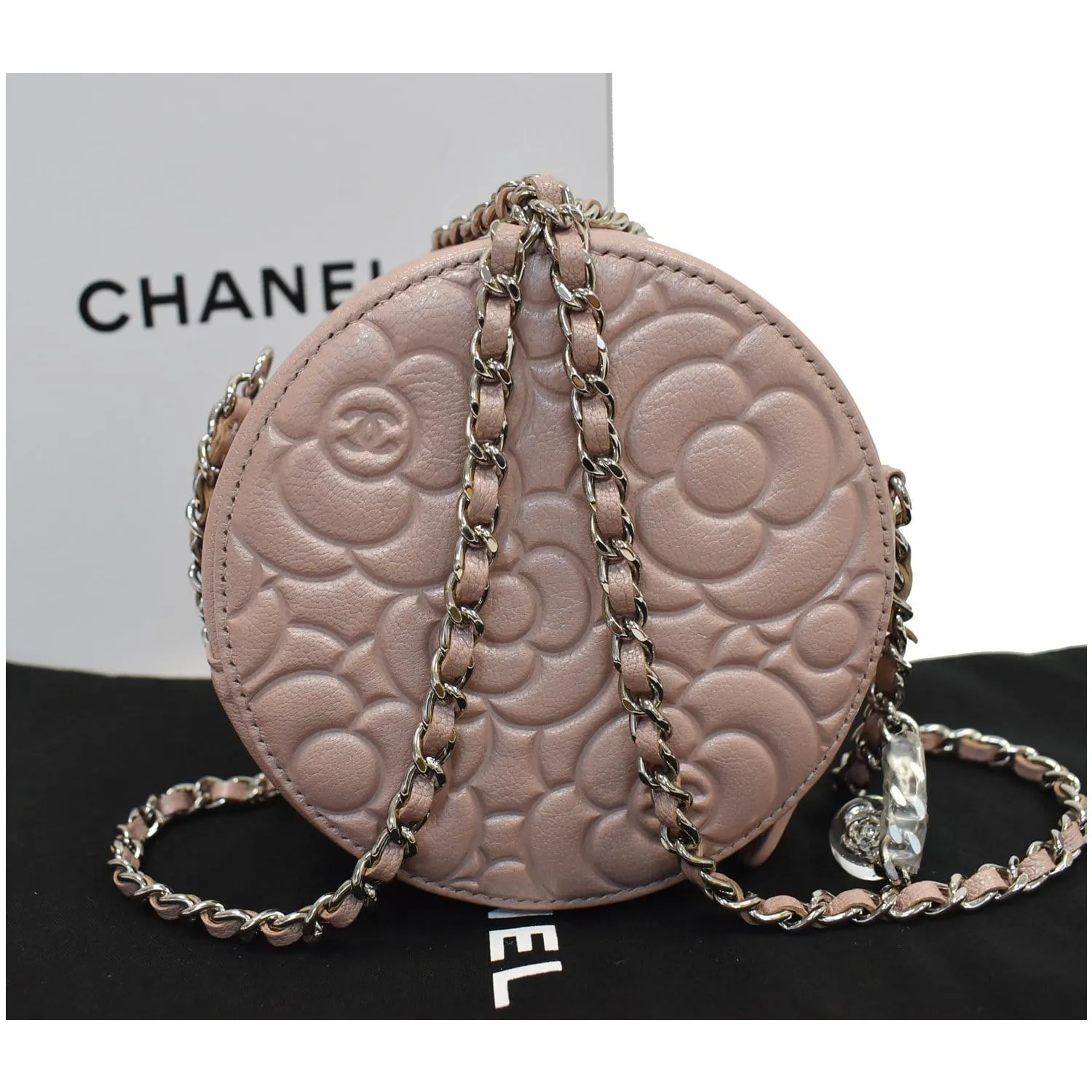 CHANEL Camellia Round Leather Crossbody Bag Light Pink