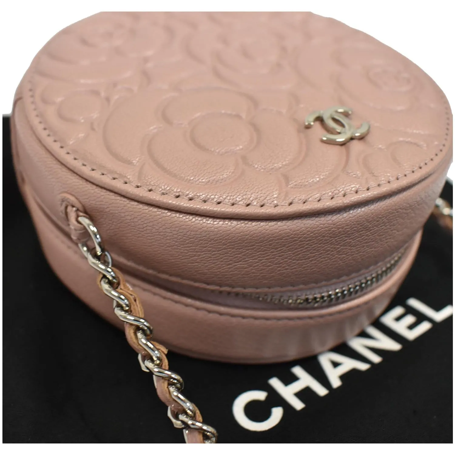 CHANEL Camellia Round Leather Crossbody Bag Light Pink