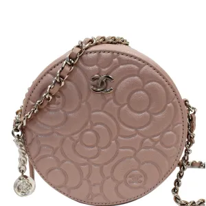 CHANEL Camellia Round Leather Crossbody Bag Light Pink