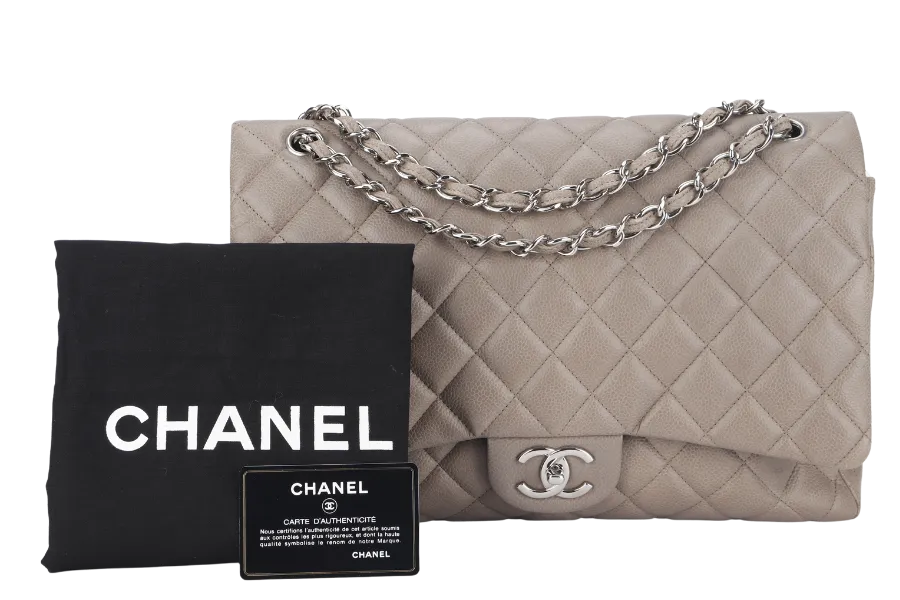 CHANEL CLASSIC DOUBLE FLAP MAXI (1444xxxx) BROWN CAVIAR LEATHER SILVER HARDWARE WITH CARD AND DUST COVER