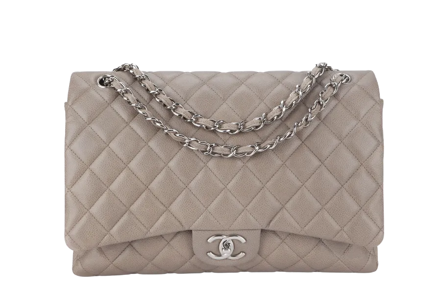 CHANEL CLASSIC DOUBLE FLAP MAXI (1444xxxx) BROWN CAVIAR LEATHER SILVER HARDWARE WITH CARD AND DUST COVER
