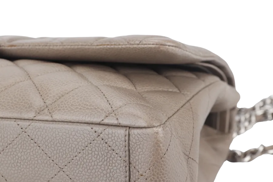 CHANEL CLASSIC DOUBLE FLAP MAXI (1444xxxx) BROWN CAVIAR LEATHER SILVER HARDWARE WITH CARD AND DUST COVER
