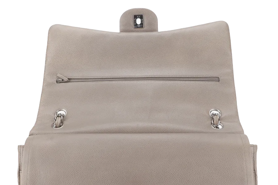CHANEL CLASSIC DOUBLE FLAP MAXI (1444xxxx) BROWN CAVIAR LEATHER SILVER HARDWARE WITH CARD AND DUST COVER