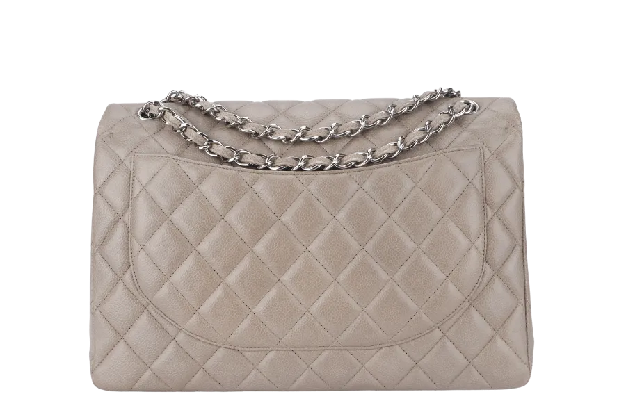 CHANEL CLASSIC DOUBLE FLAP MAXI (1444xxxx) BROWN CAVIAR LEATHER SILVER HARDWARE WITH CARD AND DUST COVER
