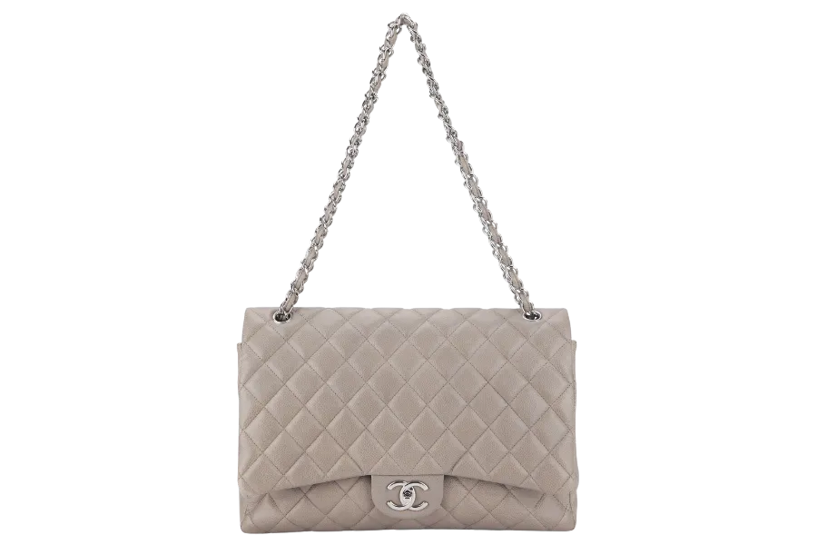 CHANEL CLASSIC DOUBLE FLAP MAXI (1444xxxx) BROWN CAVIAR LEATHER SILVER HARDWARE WITH CARD AND DUST COVER