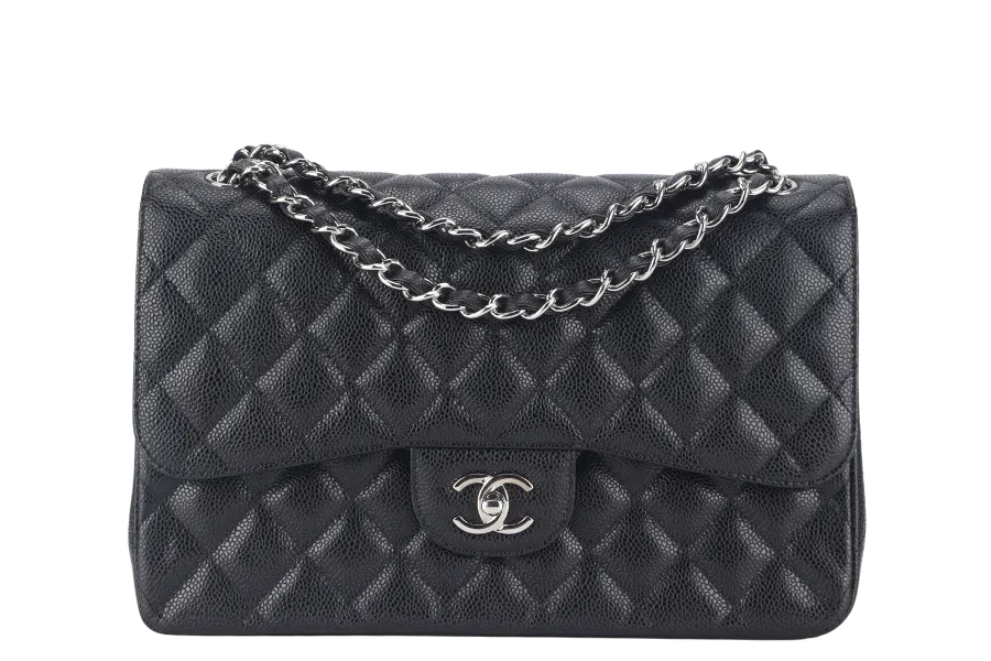 CHANEL CLASSIC FLAP JUMBO (1524xxxx) BLACK CAVIAR SILVER HARDWARE WITH CARD AND DUST COVER