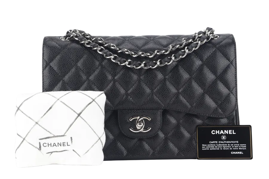 CHANEL CLASSIC FLAP JUMBO (1524xxxx) BLACK CAVIAR SILVER HARDWARE WITH CARD AND DUST COVER