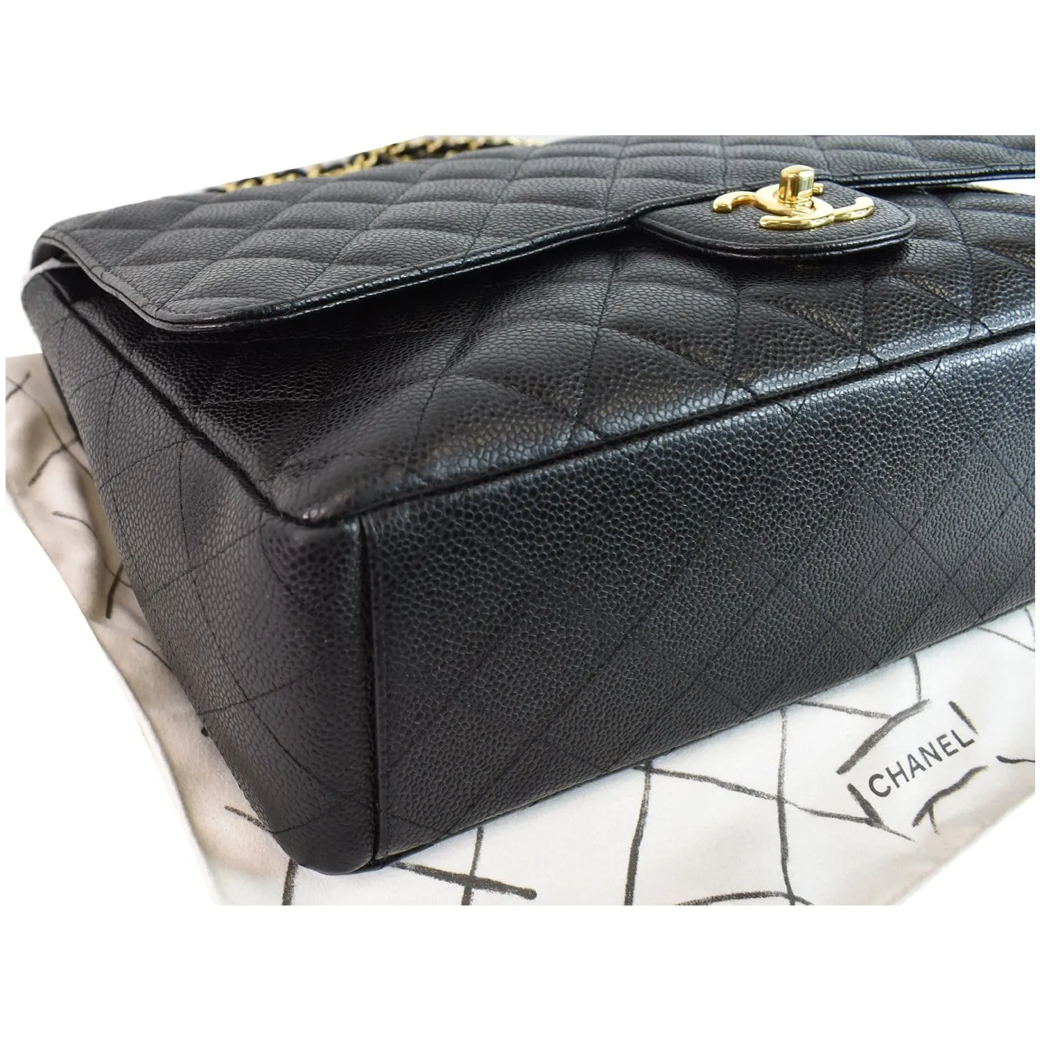 CHANEL Maxi Double Flap Caviar Leather Shoulder Bag Black