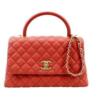 CHANEL Medium Coco Quilted Caviar Leather Top Handle Shoulder Bag Red