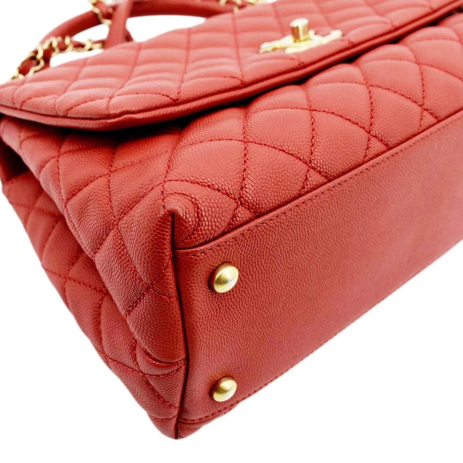 CHANEL Medium Coco Quilted Caviar Leather Top Handle Shoulder Bag Red