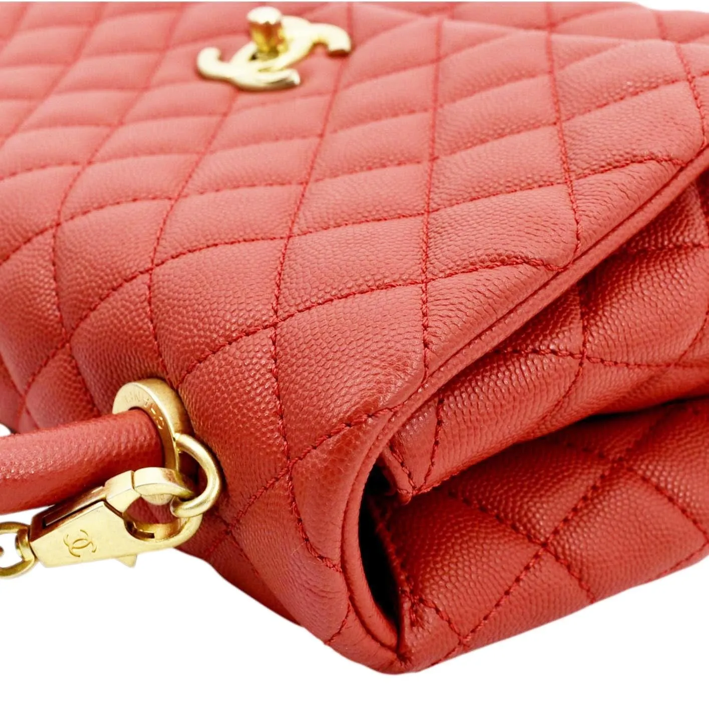 CHANEL Medium Coco Quilted Caviar Leather Top Handle Shoulder Bag Red