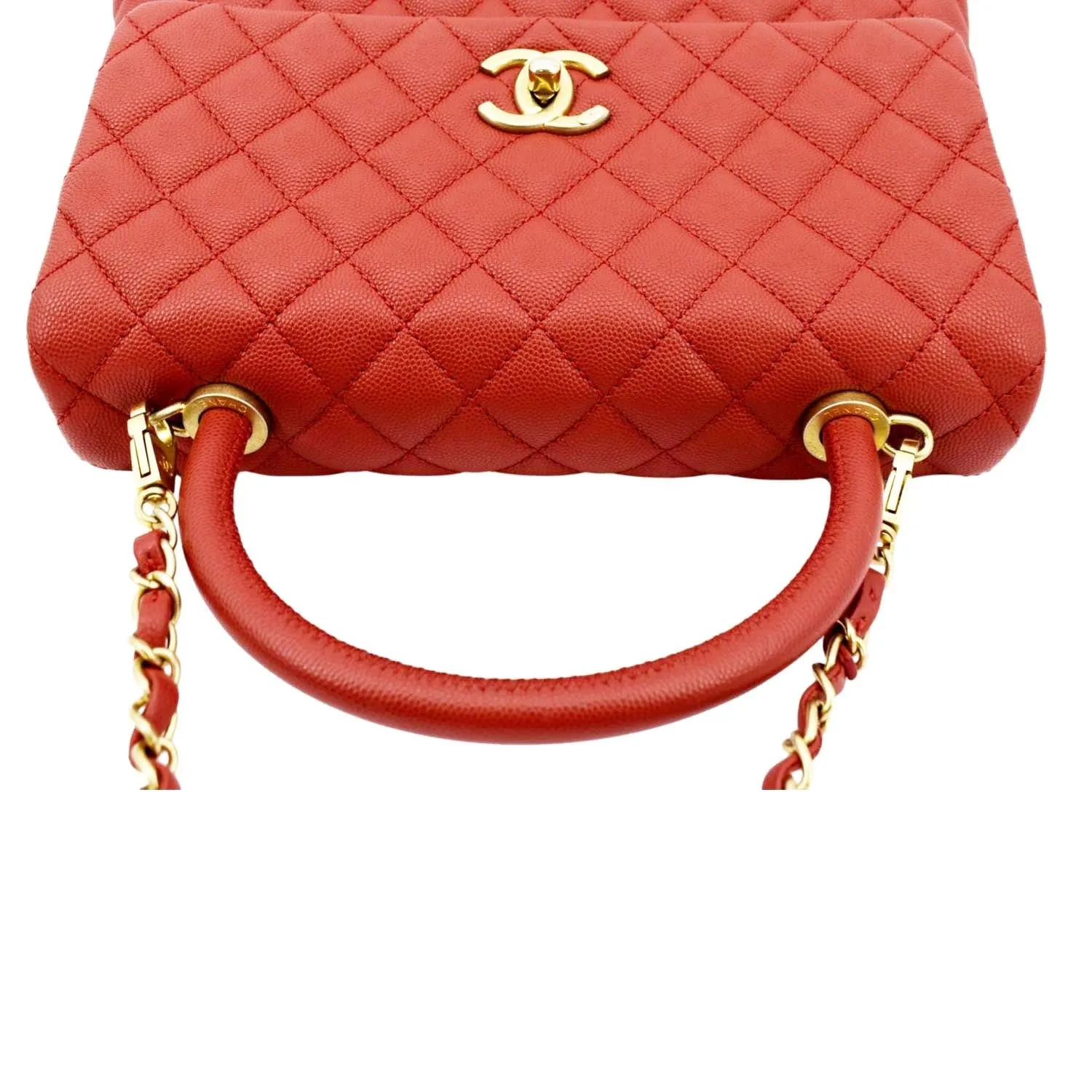 CHANEL Medium Coco Quilted Caviar Leather Top Handle Shoulder Bag Red