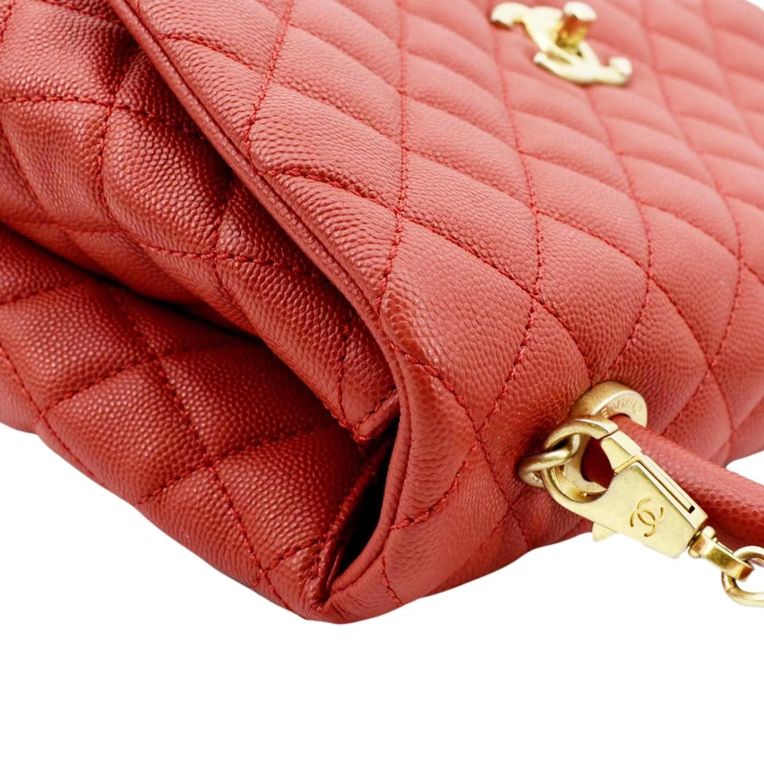 CHANEL Medium Coco Quilted Caviar Leather Top Handle Shoulder Bag Red