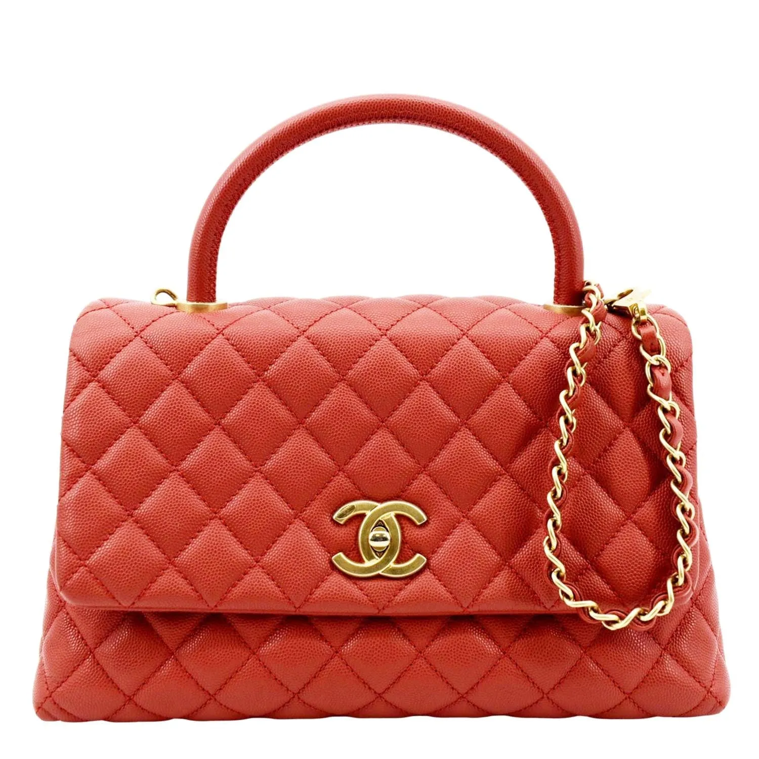 CHANEL Medium Coco Quilted Caviar Leather Top Handle Shoulder Bag Red