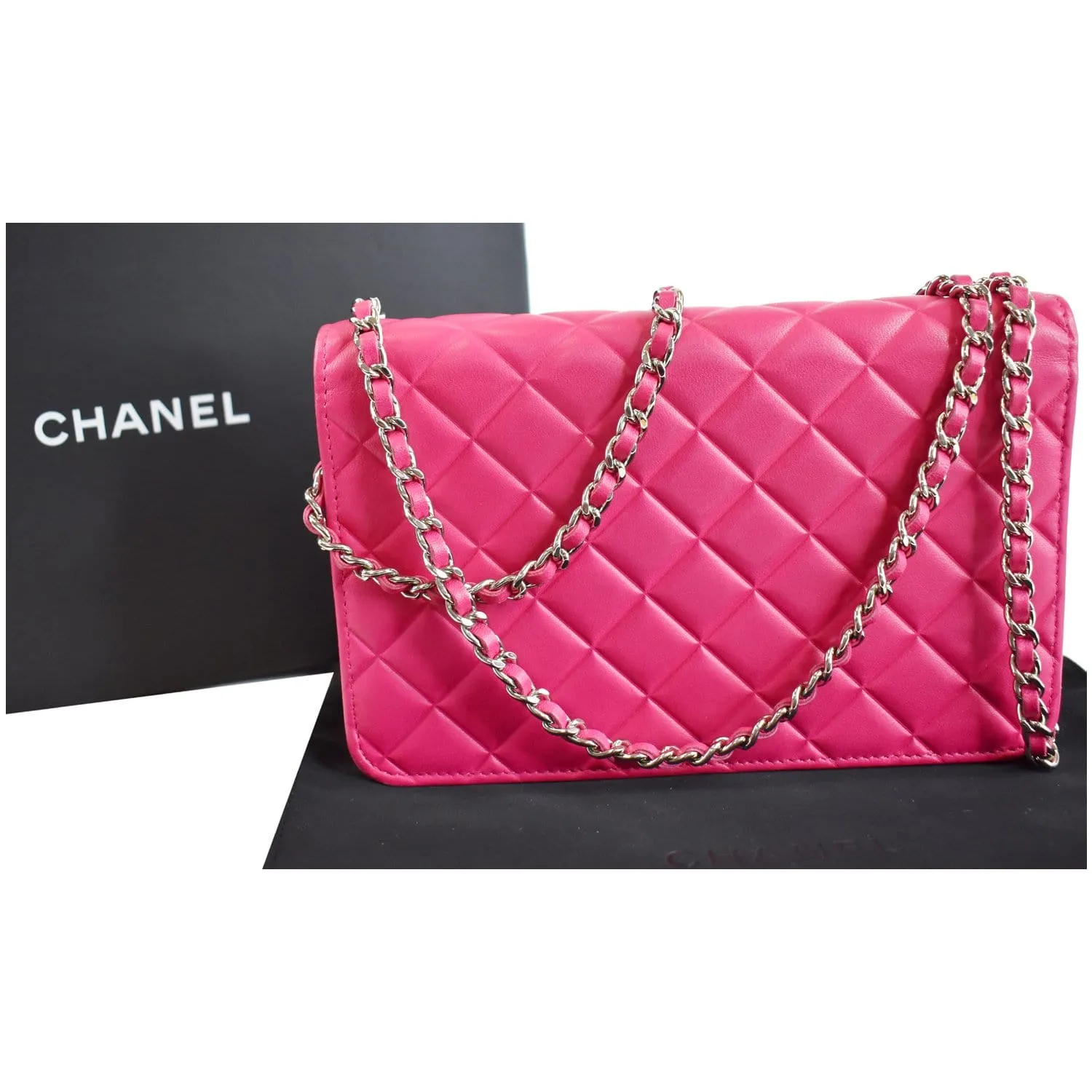 CHANEL Quilted Diamond CC Wallet On Chain WOC Crossbody Bag Fuchsia
