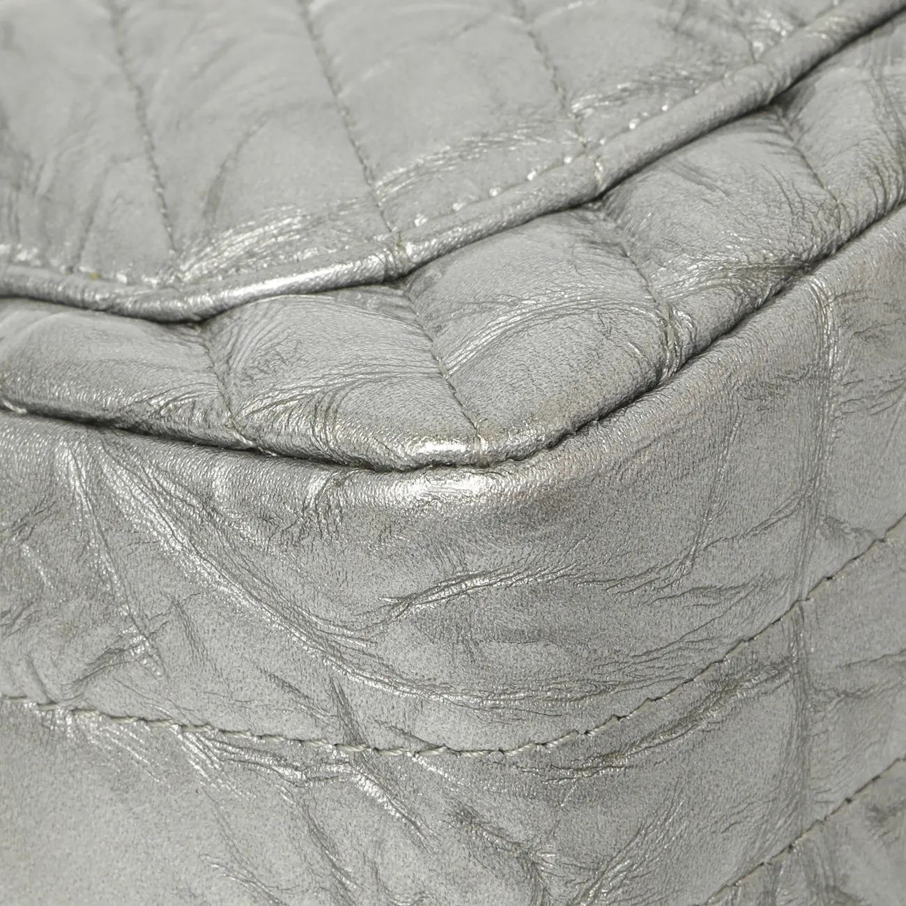 Chanel Silver Metallic Patent Crumpled Calfskin Chevron Quilted Mini Square Flap