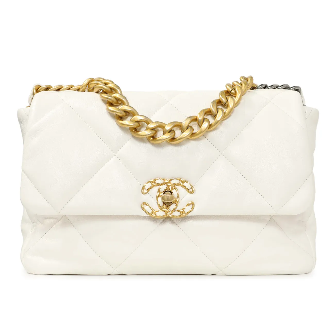 Chanel White Quilted Lambskin Large 19 Flap