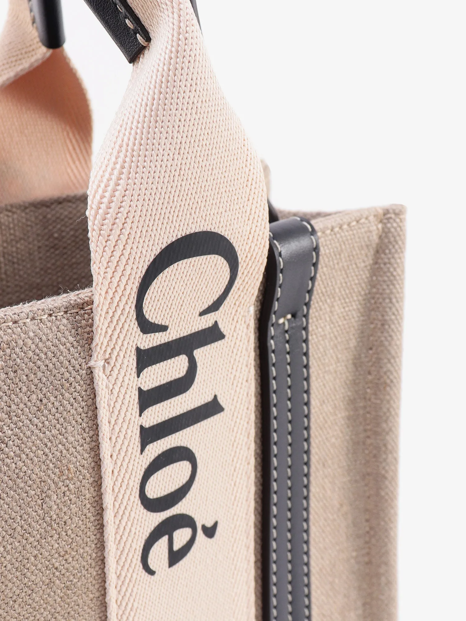 Chloe' Woody Small Linen And Leather Handbag.This Bag Is Made With Lower Environmental Impact Material