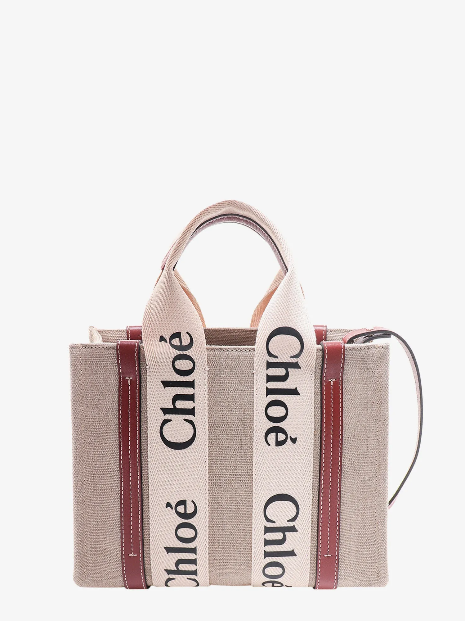 Chloe' Woody Small Linen And Leather Handbag.This Bag Is Made With Lower Environmental Impact Material