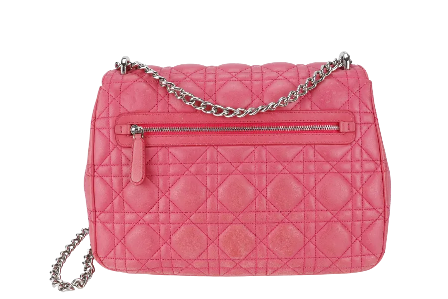 CHRISTIAN DIOR MISS DIOR FLAP CANNAGE BAG MEDIUM FUCHSIA LAMBSKIN SILVER HARDWARE NO DUST COVER