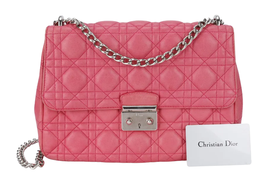 CHRISTIAN DIOR MISS DIOR FLAP CANNAGE BAG MEDIUM FUCHSIA LAMBSKIN SILVER HARDWARE NO DUST COVER