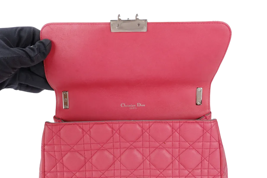 CHRISTIAN DIOR MISS DIOR FLAP CANNAGE BAG MEDIUM FUCHSIA LAMBSKIN SILVER HARDWARE NO DUST COVER