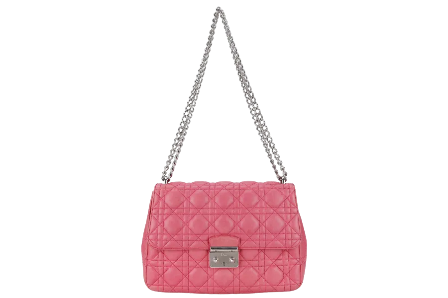 CHRISTIAN DIOR MISS DIOR FLAP CANNAGE BAG MEDIUM FUCHSIA LAMBSKIN SILVER HARDWARE NO DUST COVER
