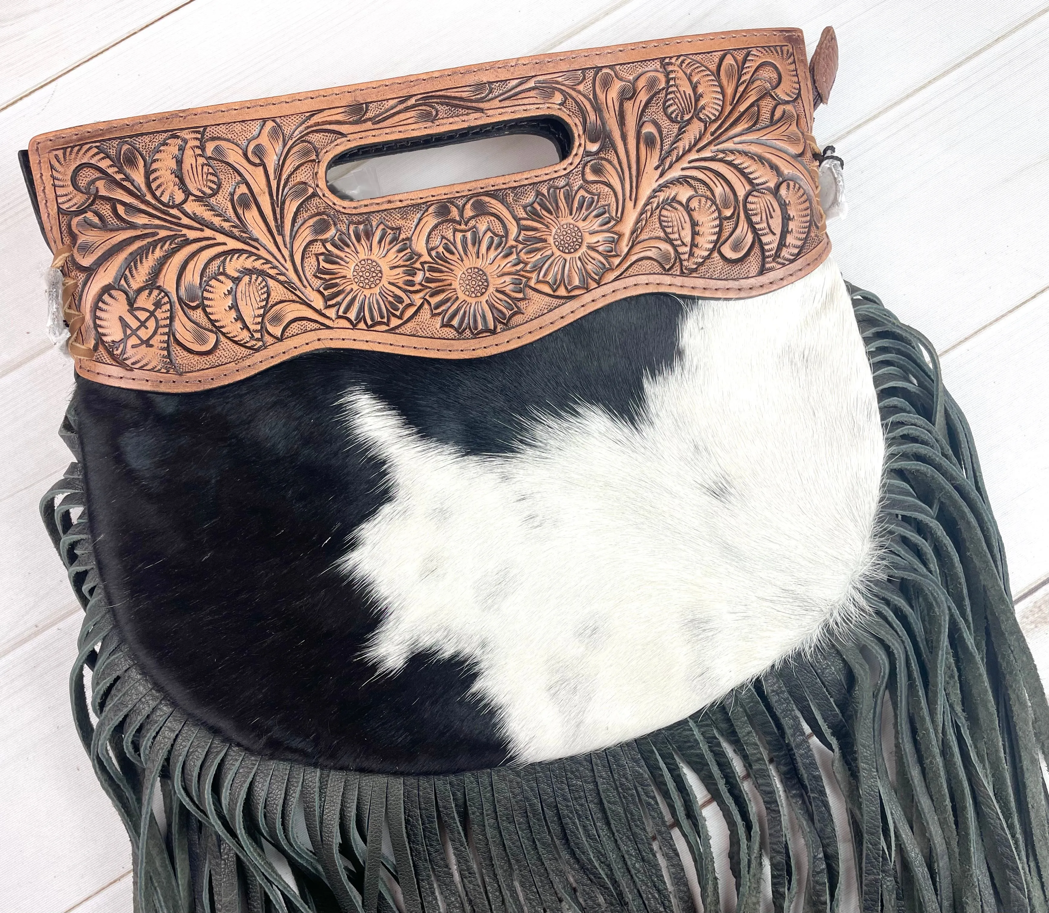 CLEARANCE! Black & Cream Hide - Round Tooled Handle Fringe Crossbody Handbag