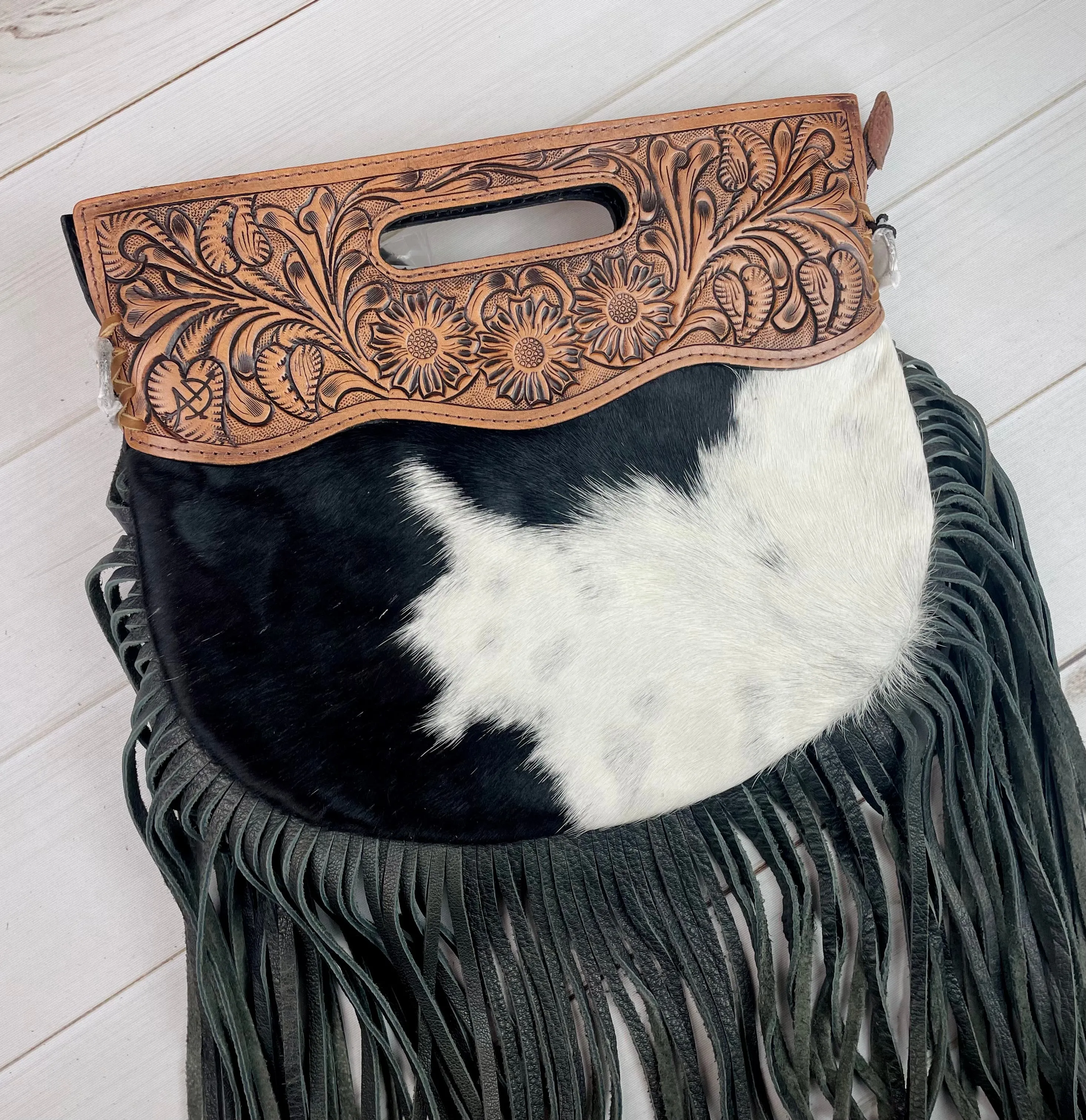 CLEARANCE! Black & Cream Hide - Round Tooled Handle Fringe Crossbody Handbag