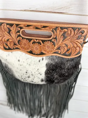 CLEARANCE! Black & Cream Hide - Round Tooled Handle Fringe Crossbody Handbag