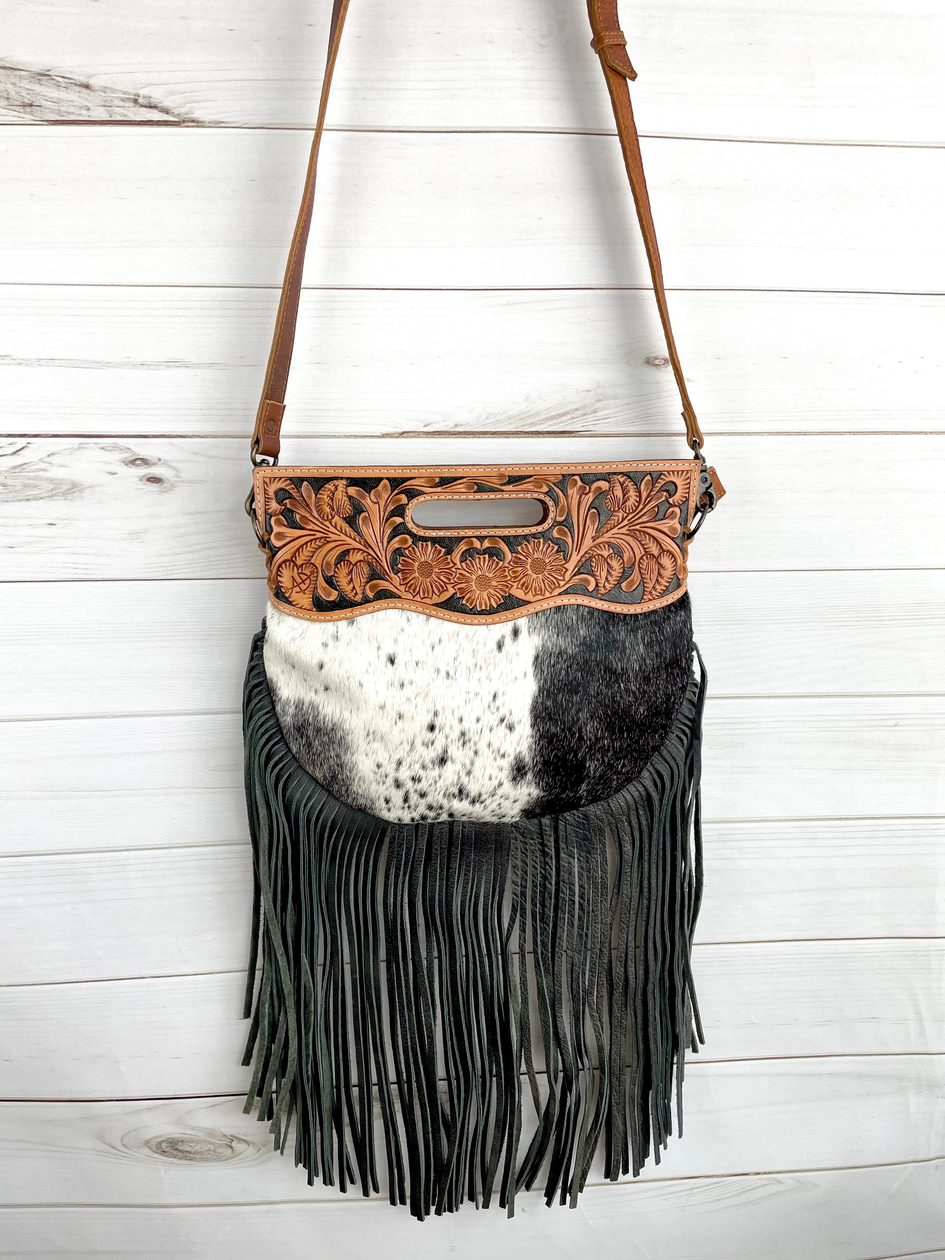 CLEARANCE! Black & Cream Hide - Round Tooled Handle Fringe Crossbody Handbag
