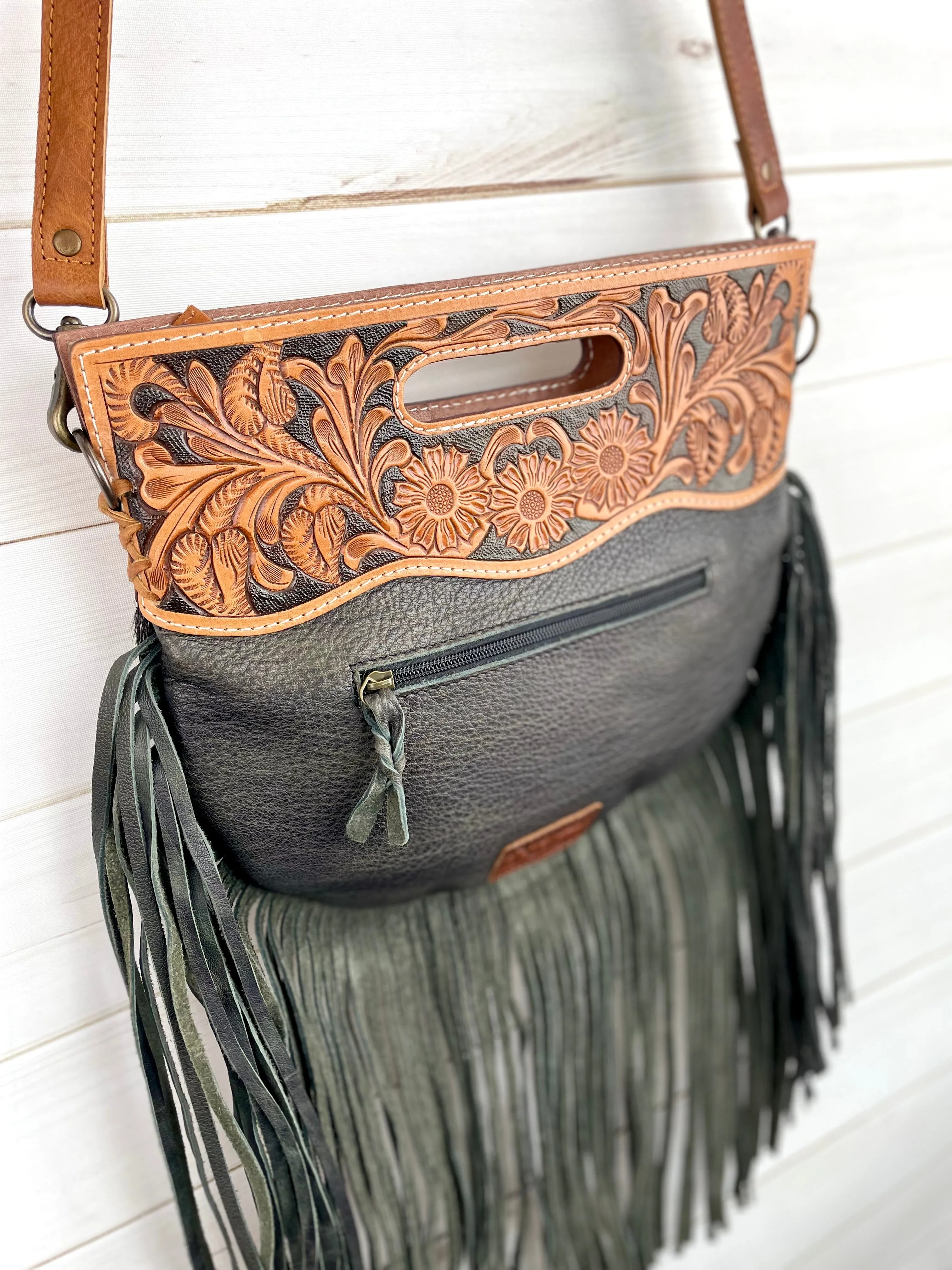 CLEARANCE! Black & Cream Hide - Round Tooled Handle Fringe Crossbody Handbag