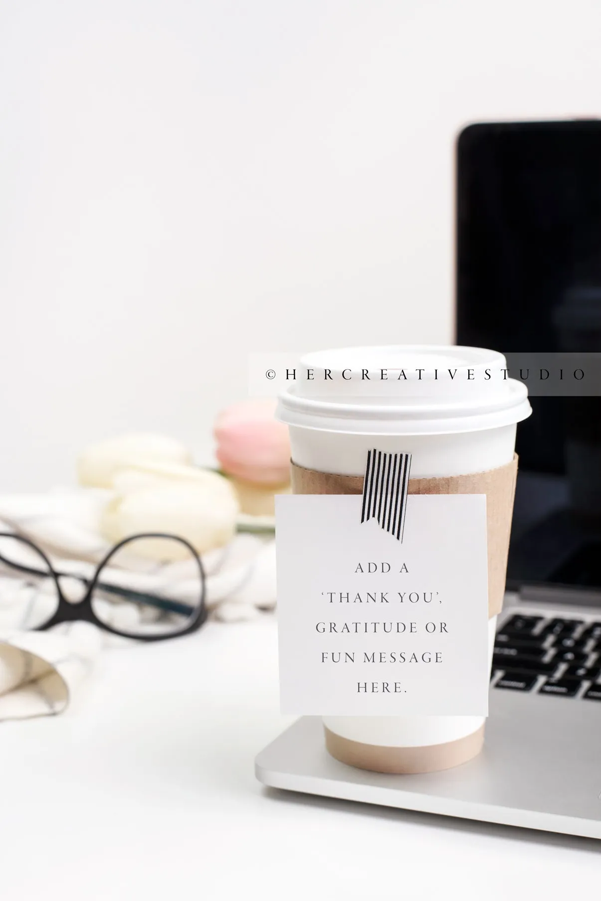 Coffee Cup with Note on Laptop, Styled Image
