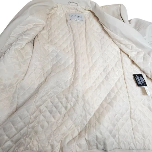 Cole Haan Womens L Wing Collar Faux Leather Jacket in Cream