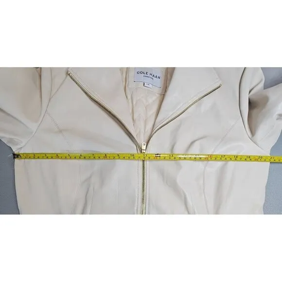 Cole Haan Womens L Wing Collar Faux Leather Jacket in Cream