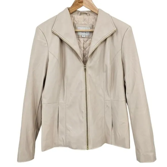 Cole Haan Womens L Wing Collar Faux Leather Jacket in Cream