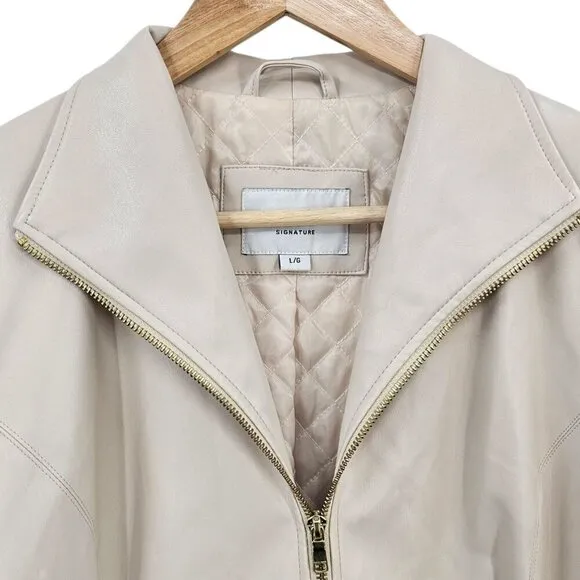 Cole Haan Womens L Wing Collar Faux Leather Jacket in Cream