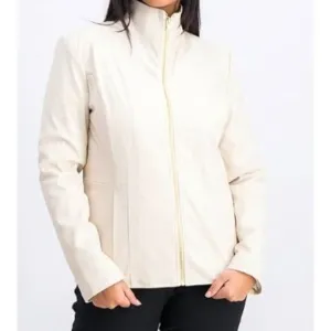 Cole Haan Womens L Wing Collar Faux Leather Jacket in Cream
