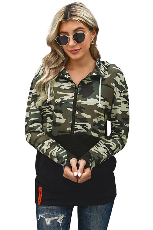 Contrast Camouflage Kangaroo Pocket Hoodie