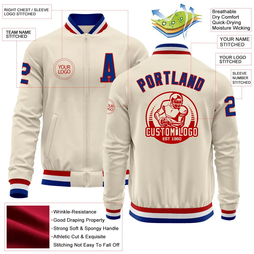 Custom Cream Royal Red-White Bomber Varsity Letterman Zipper Jacket