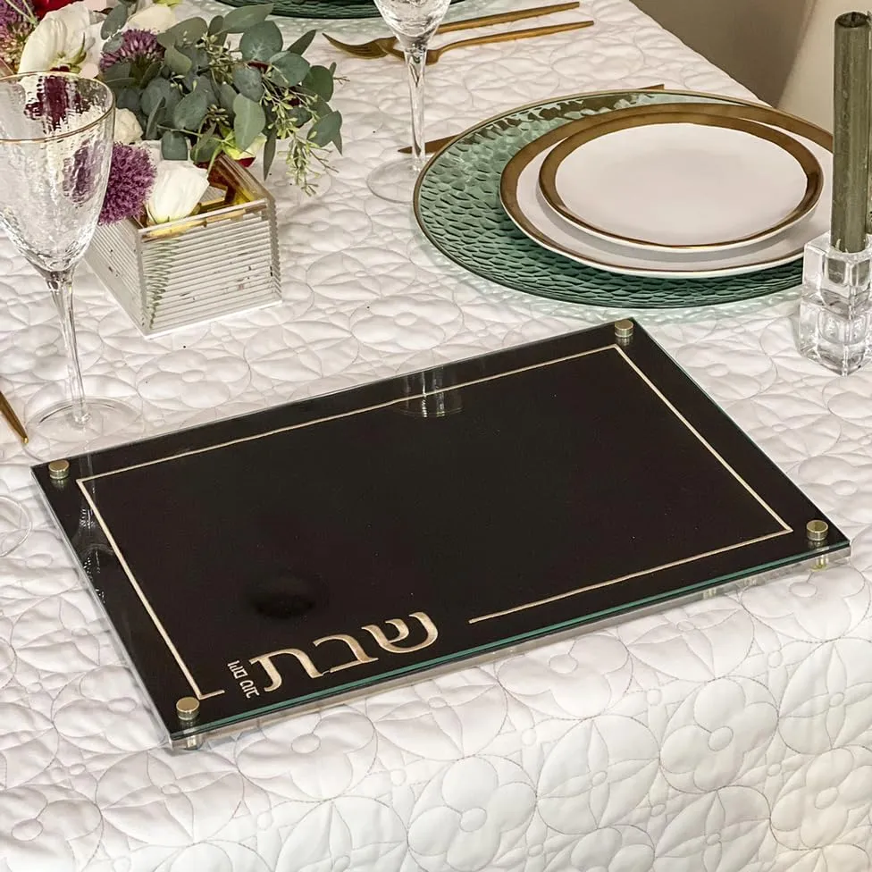 (D) Embroidered Black Leatherette Lucite and Glass Top Challah Board 16? x 11? (Gold Embroidery)