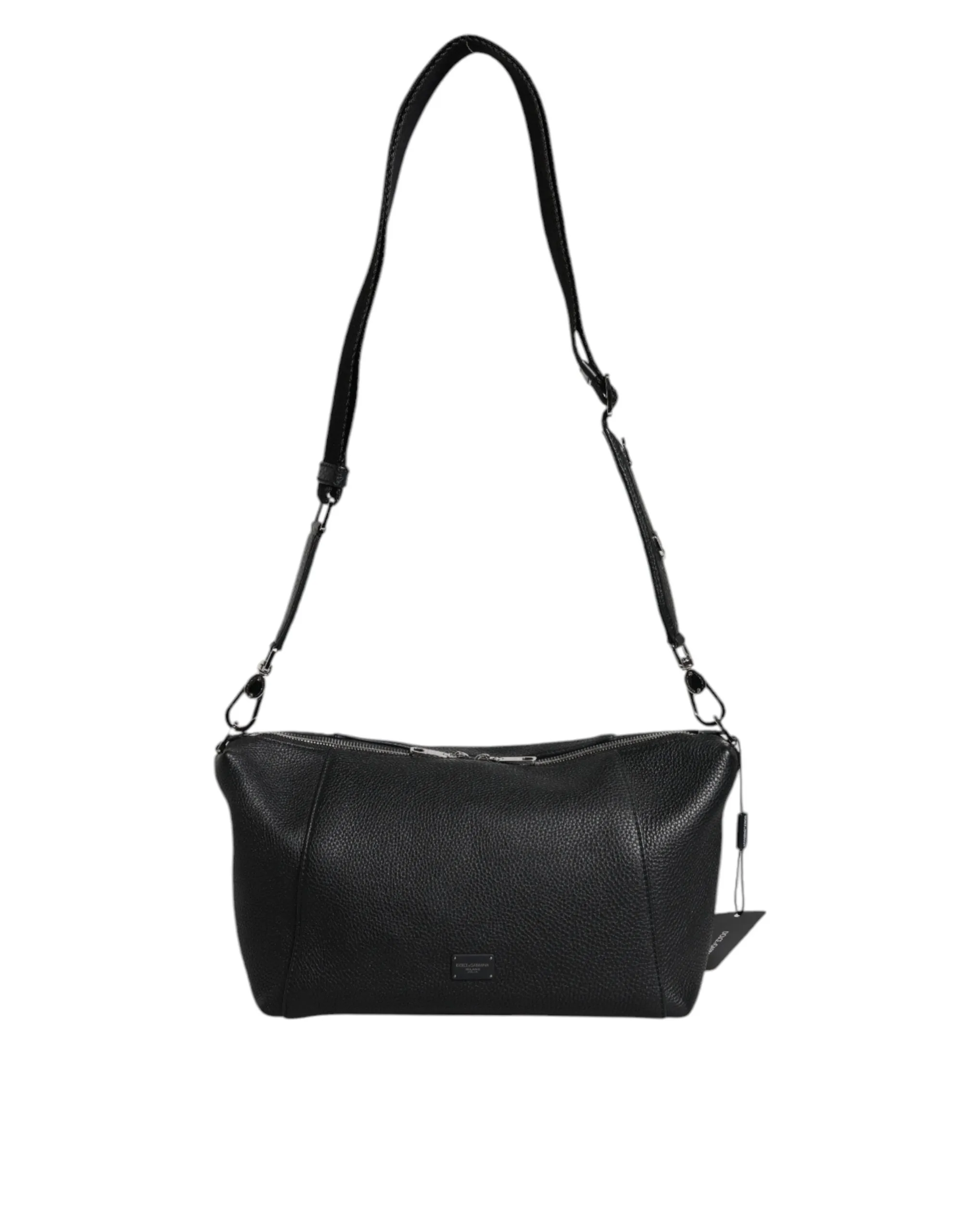 Dolce & Gabbana Black Leather Logo Plaque Shoulder Crossbody Bag