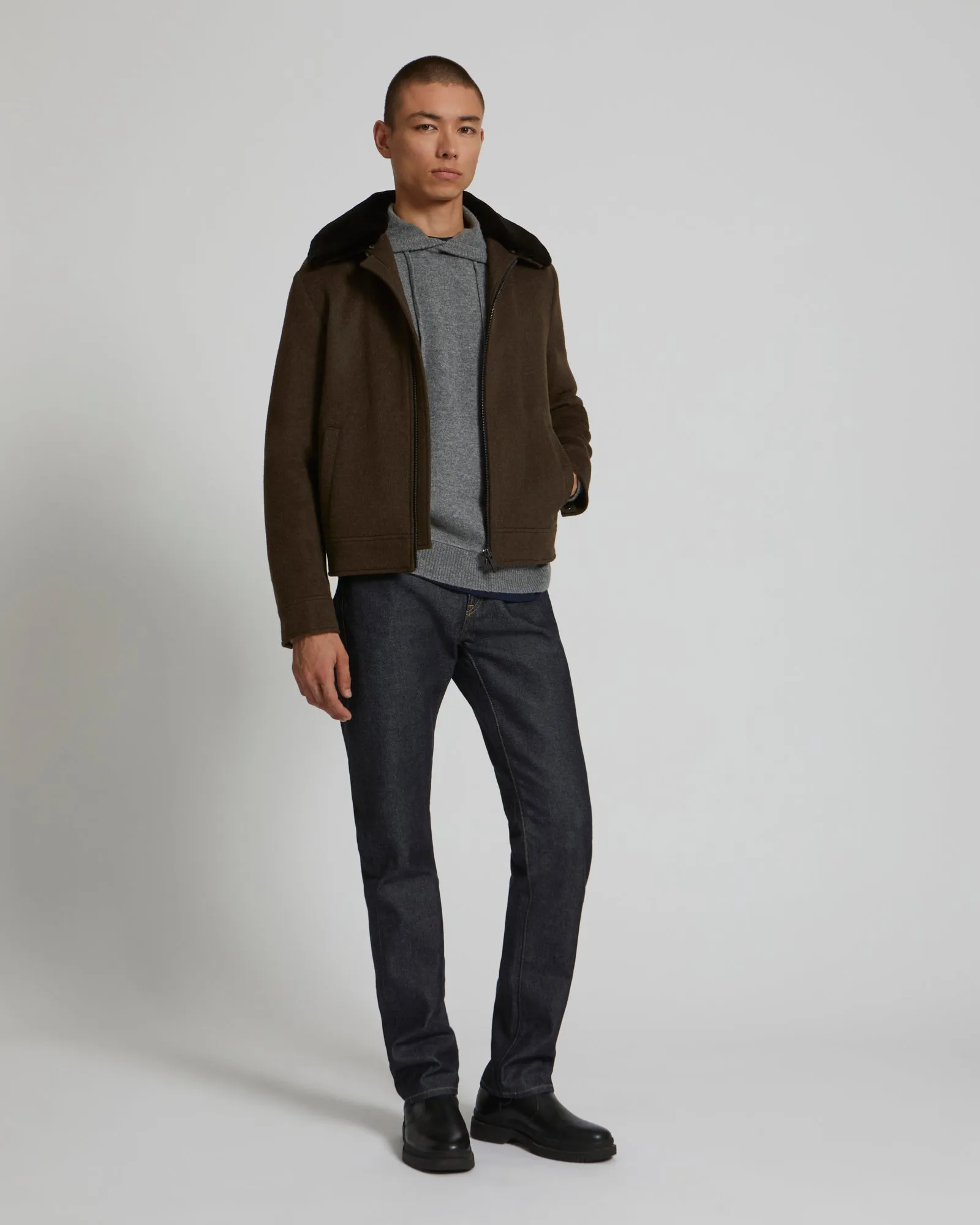 Double-Sided Wool-Cashmere Fabric Zipped Jacket With Mink Collar