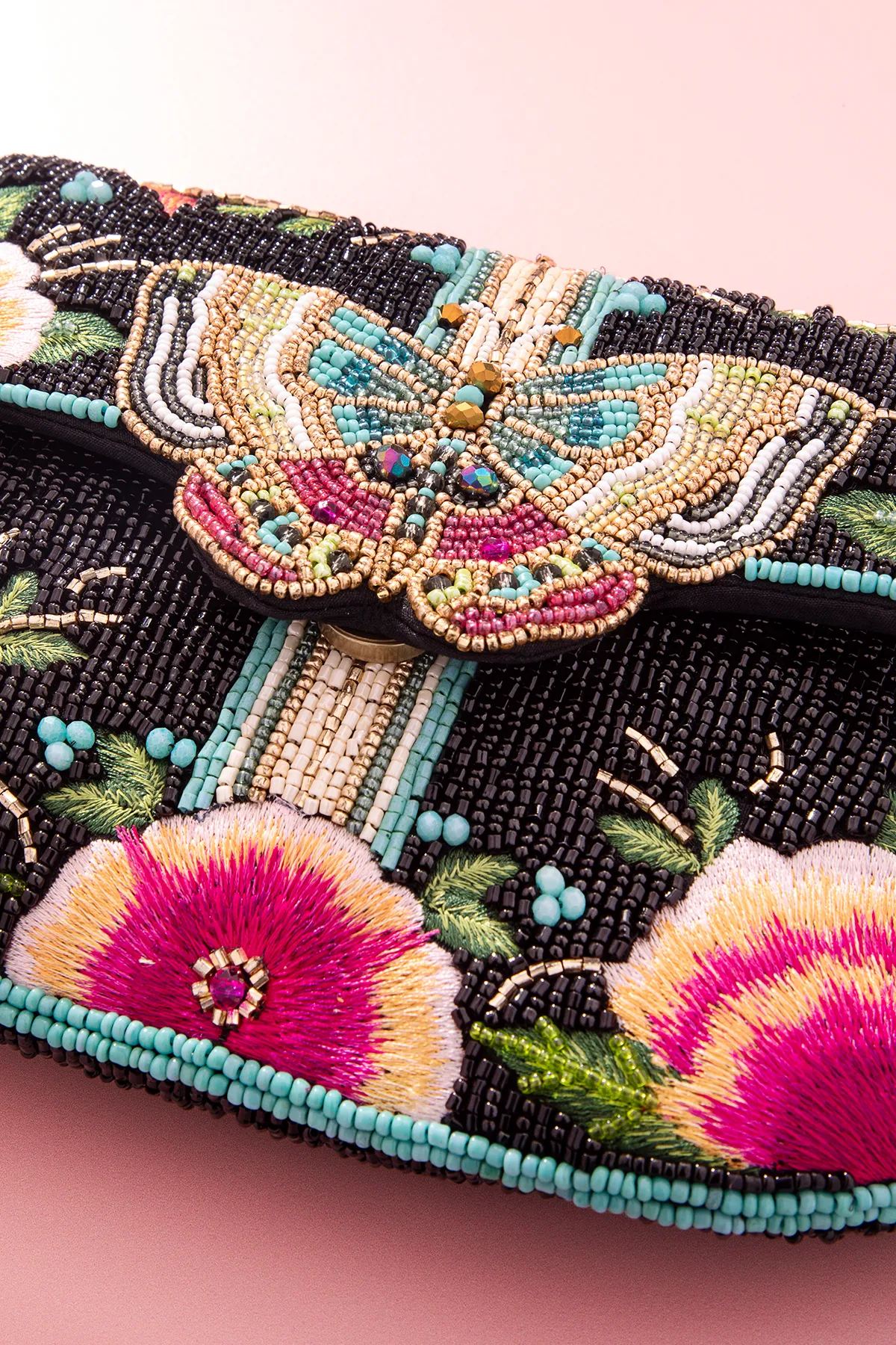 Dream Chaser, Black Beaded Crossbody Clutch Handbag