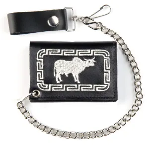 Embroidered Tri-Fold Wallet w/ Chain-Brahma Bull